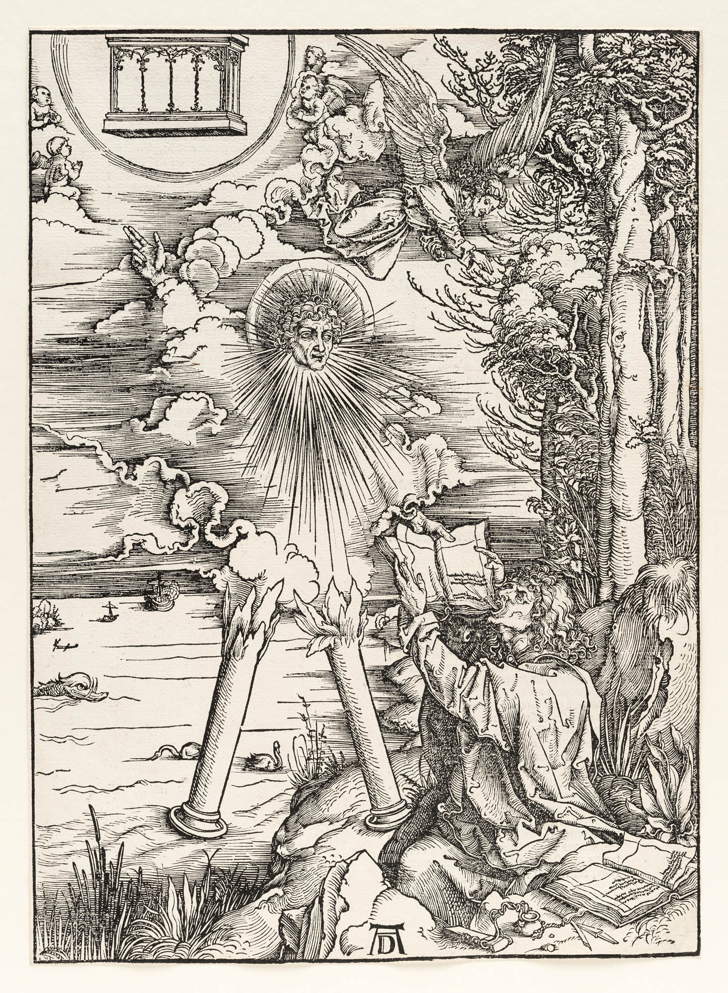 Einzelseite, Das Sonnenweib und der siebenhäuptige Drache (Apokalypse – Die Offenbarung des Johannes) Albrecht Dürer Livre