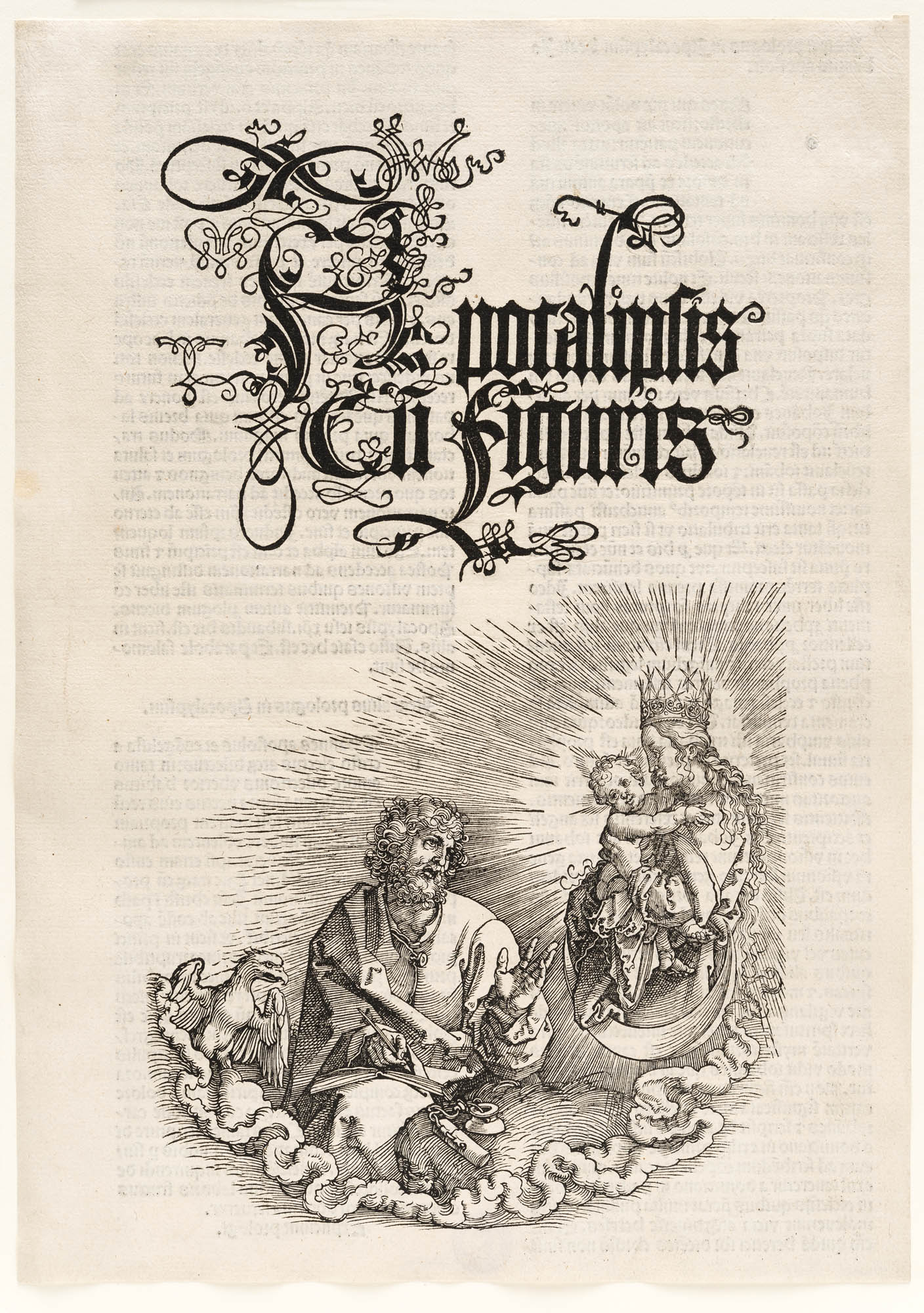 Einzelseite, Das Sonnenweib und der siebenhäuptige Drache (Apokalypse – Die Offenbarung des Johannes) Albrecht Dürer Livre